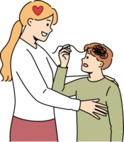 Motherly support from caring woman hugging unhappy boy with confused thoughts in head. Concept of importance of motherly support for raising healthy and promising person with successful future png