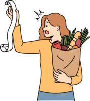Huge bill for healthy food shocks woman who opens mouth, reading store receipt. Girl with bag healthy food products, disoriented due to sharp inflation of costs for organic fruits and vegetables. png