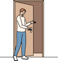 Man says welcome standing near door and shows inviting gesture when friends come to visit. Guy demonstrating welcome sign with palm, showing friendly and hospitable character traits png