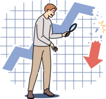 Collapse stock market is seen by man invested money, standing near collapsing financial chart. Crisis in stock market and sharp stop in growth or beginning of decline in prices for stocks and bonds png