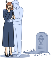 Ghost of husband supports widow crying at grave of deceased groom and suffering from loneliness. Widow girl stands in despair near gravestone in cemetery and needs help from loved ones png