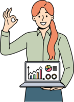 Business woman shows laptop with diagrams and ok gesture, reporting success of startup and income growth. Statistical data in computer of girl investor recommending using crm for business png
