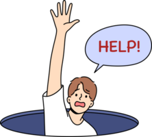 Man fallen into hole screams for help and raises hand, for concept of panic attack and helplessness. Panic attack in guy at risk of going crazy due to severe depression and mental disorder png