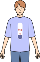 Magnesium deficiency in body of man with MG scale on stomach, and negative emotions on face. Problem of magnesium deficiency negatively affects health of bones and teeth or cardiovascular system png