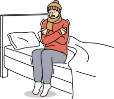 Freezing man is shaking sitting on bed and feeling chills and cold, dressed in hat and scarf. Freezing guy suffers due to lack of central heating system and poor immunity, located in bedroom png