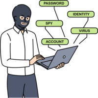 Man hacker hacks website through laptop, standing in mask hiding face to remain anonymous. Anonymous hacker creates spy virus to crack account passwords and steal bank card numbers png