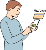 Man uses pay later function on phone while shopping online in application or ordering services. Financial technologies and banking for smartphones, with possibility of pay later to attract clients png