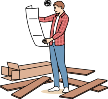 Man assembles furniture with own hands and holds large paper instruction manual, standing among boards. Young guy who assembles furniture is feeling unsure due to lack of experience. png