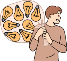 Talented man with lot of ideas in imaginary bag goes to investors for investment for startup. Light bulbs behind happy guy symbolize ideas and innovations awaiting testing and launch. png