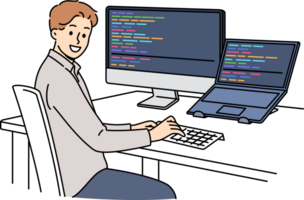 Man programmer types code and looks at camera, sitting at table with computer and laptop. Successful guy programmer develops software or application, working in team with UI or UX designers png