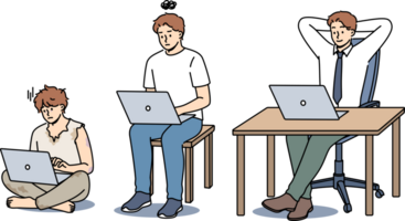 Evolution of man office clerk using laptop, gradually turning into successful manager. Primitive man with computer work hard and become happy office worker thanks to ambition and motivation png