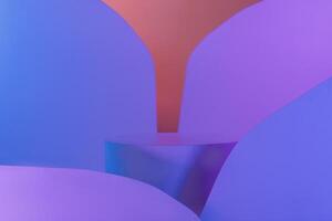 A stage for cosmetic products with soft blue and pink light. The colored abstract shapes photo