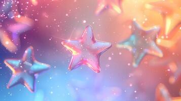 Transparent glass stars falling down 3d rendering image. Crystals creating festive mood and atmosphere background wallpaper colorful realistic. Dreamlike decor concept idea photo