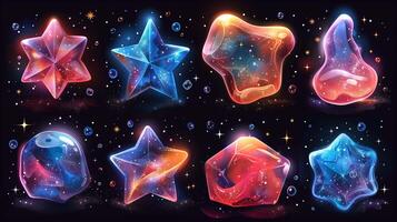 Mysterious glossy cosmic crystals 3d rendering image. Glass shapes radiating positive energy and blessing background wallpaper colorful realistic. Esoteric knowledge concept idea photo