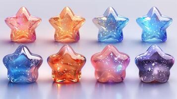 Shimmering glass stars with glitter collection 3d rendering image. Translucent plastic items for craft background wallpaper colorful realistic. Rewards for best concept idea photo