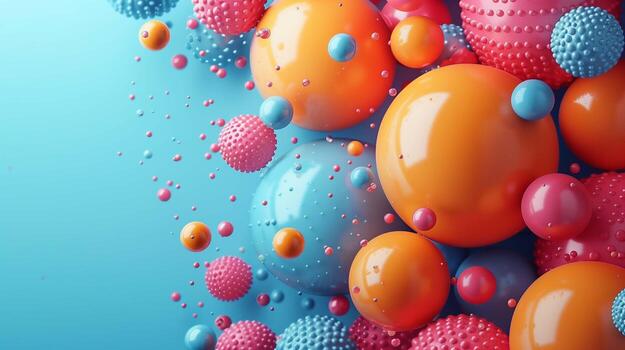 Vibrant pile of plastic spheres with drops 3d rendering image. Glossy bubbles with various textures arranged on blue background wallpaper colorful realistic. Festive design concept idea photo