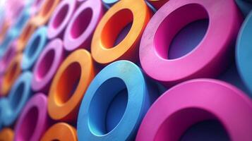 Multicolor rings tightly arranged in ornament closeup 3d rendering image. Vibrant composition with geometric shapes background wallpaper colorful realistic. Decoration concept idea photo