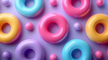 Vibrant bagels and beads pattern top view 3d rendering image. Composition with rings and balls on purple background wallpaper colorful realistic. Design style concept idea photo