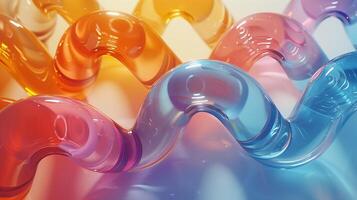 Gradient transparent plastic spirals 3d rendering image. Curved geometric shapes abstract ornament background wallpaper colorful realistic. Glass decorative artwork concept idea photo