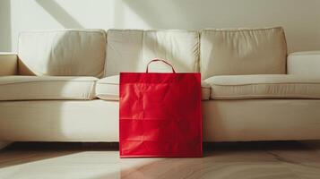 Red shopping bag mockup against beige sofa bathed in bright sunlight. Luxury branding shoppingbag template advertising image. Classic interior design mock up product photorealistic photo
