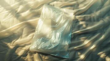 Translucent plastic bag mockup lies flat on flowing beige fabric. Illuminated by soft natural light empty bag template advertising image. Textured mock up product photorealistic photo
