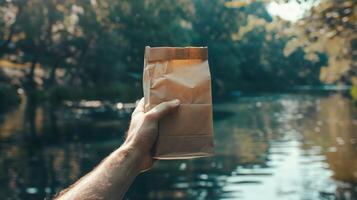 Man holding brown paper bag mockup in front of serene river. Sustainable paperbag template advertising image. Eco-consciousness and natural package mock up product photorealistic photo