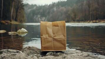 Brown paper bag mockup on rocks by calm river with misty forest backdrop. Sustainable paperbag template advertising image. Environmental consciousness package mock up photorealistic photo