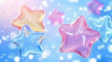 Multicolor translucent floating among bokeh lights closeup image. Dreamlike geometric shapes composition close up photography. Children design idea concept photo realistic