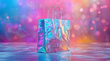 Holographic shimmering shopping bag mockup in bokeh light. Black Friday shoppingbag template advertising image. Festive vibes. Magical aesthetic mock up product photorealistic photo