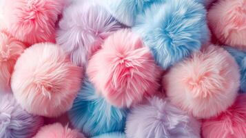 Pile of faux fur color balls closeup image. Pastel fluffy pompoms prepared for clothes decoration close up photography. Soft hairy round elements used in craft concept photo realistic