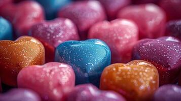 Valentine day candies covering with shiny icing closeup image. Heart shaped bonbons pattern on shop display close up photography. Romantic date treats concept photo realistic