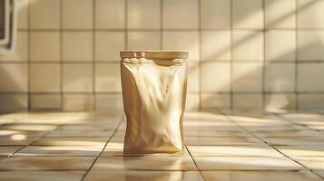 Golden pouch mockup on tiled surface with natural light soft shadows. Retail package template advertising image. Flexible design. Everyday packaging mock up product photorealistic photo