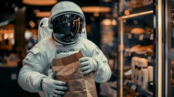 Astronaut collecting paper bag mockup at bakery food display. Space traveler holding pastry pickup template advertising image. Sci-fi grocery shopping mock up product photorealistic photo