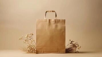 Simple brown paper bag mockup with dried flowers rustic aesthetics. Nature inspired craft paperbag template advertising image. Organic material mock up product photorealistic photo