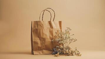 Brown paper bag mockup with dried flowers on beige background. Natural simplicity eco-friendly craft paperbag template advertising image. Organic material mock up product photorealistic photo