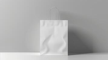 Plain white paper bag mockup against neutral minimalist background. Soft shadow simple paperbag template advertising image. Eco-friendly elegant packaging mock up product photorealistic photo