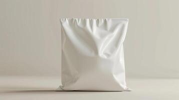 Wrinkled white packaging pouch mockup placed on soft beige background. Retail sealed package template advertising image. Food storage. Zipper bag mock up product photorealistic photo