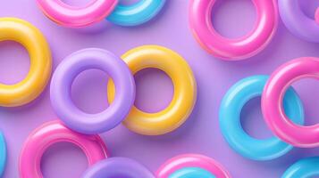 Vibrant toy plastic rings composition 3d rendering image. Scattered bagels ornament on purple background wallpaper colorful realistic. Geometrical shapes arrangement concept idea photo