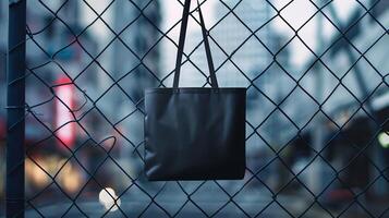 Black tote bag mockup hanging on a chainlink fence with blurred city lights. Modern urban totebag template advertising image. Simplicity of accessory mock up product photorealistic photo