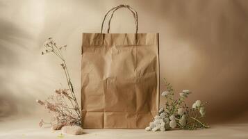 Crinkled brown paper bag mockup with wildflowers on soft neutral backdrop. Rustic natural theme craft paperbag template advertising image. Organic material mock up product photorealistic photo