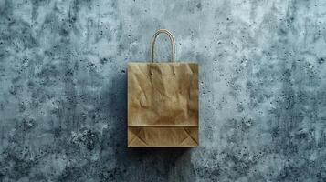 Brown paper bag mockup with rope handles on industrial concrete surface. Flat lay reusable paperbag template advertising image. Eco-friendly packaging mock up product photorealistic photo