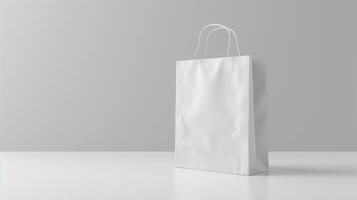 Sleek white paper bag mockup displayed on plain surface with soft lighting. Simple paperbag template advertising image. Eco-friendly elegant packaging mock up product photorealistic photo