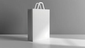 White shopping bag mockup casting soft shadows against neutral gray wall. Minimalist paperbag template advertising image. Eco-friendly elegant packaging mock up product photorealistic photo