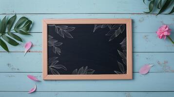 Chalkboard mockup with floral ornament on rustic table. Blackboard with wooden frame template advertising image. Natural decor of school board mock up product photorealistic photo
