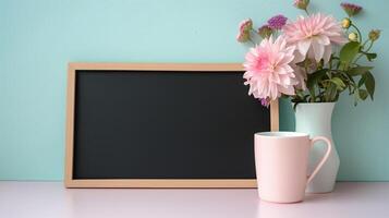 Fresh garden flowers with cup and blackboard mockup near green wall. Elegant composition with board template advertising image. Small chalkboard mock up product photorealistic photo