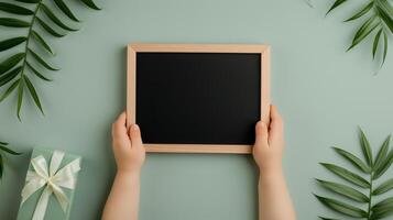 Baby hands holding chalkboard mockup. Gift box and palm leaves near poster template advertising image. Children holiday celebration blackboard mock up product photorealistic photo