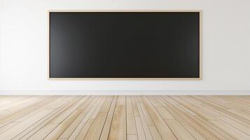 Blackboard mockup hanging in empty classroom. Students teaching supplies information presenting template advertising image. Chalkboard mock up in school product photorealistic photo