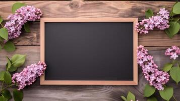 Blackboard mockup among pink lilacs on rustic table. Holiday postcard photo frame template advertising image. Small chalkboard mock up spring flat lay product photorealistic