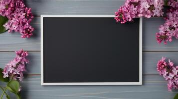 Gentle lilac clusters and chalkboard mockup on wooden table. Spring holiday design template advertising image. Chalkboard photo frame mock up flat lay product photorealistic