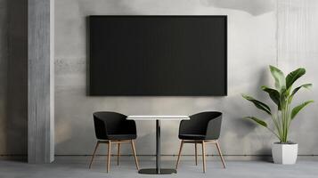 Display mockup with table and cars in minimalist office design. Information for corporate employees template advertising image. Chalkboard mock up in interior product photorealistic photo